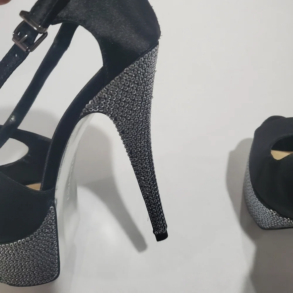 H by Halston Black Leather Rhinestone Platforms 7